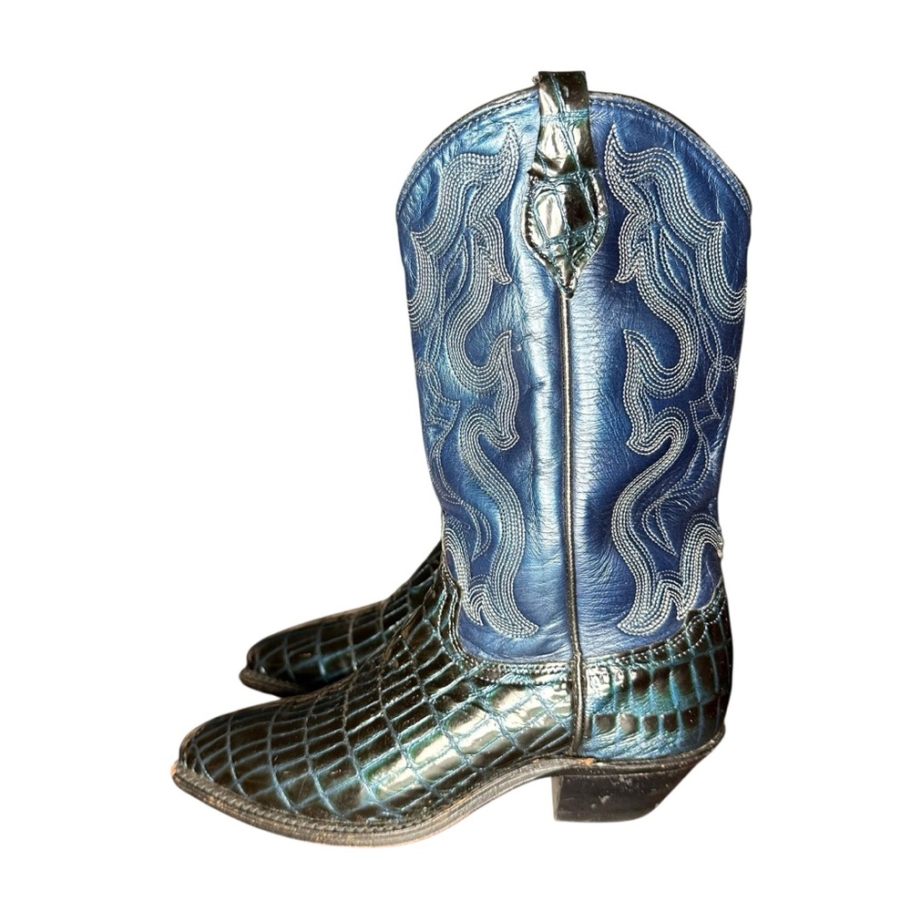 Vintage Abilene Cowboy Boots Metallic Blue Southwestern Flame Croc Print Leather